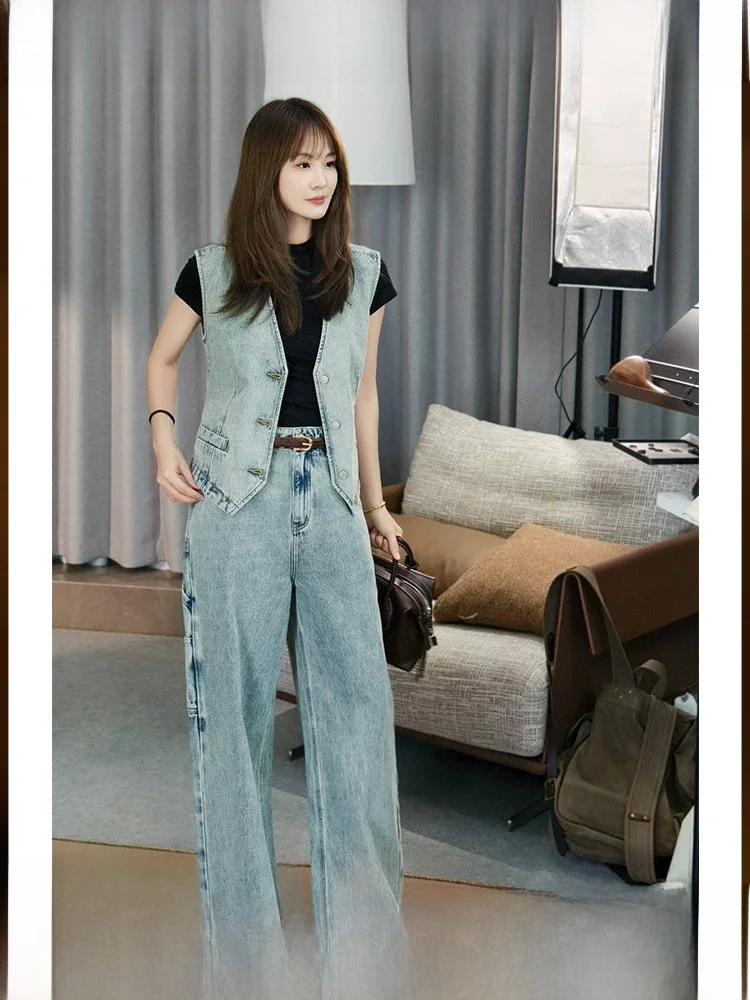 MeiYang Western Style Distressed Wash Denim Set Cool Handsome Wide Leg Pants V-neck Button Closure Cotton Long Pants Suit
MeiYang Western Style Distressed Wash Denim Set Cool Handsome Wide Leg Pants V-neck Button Closure Cotton Long Pants Suit