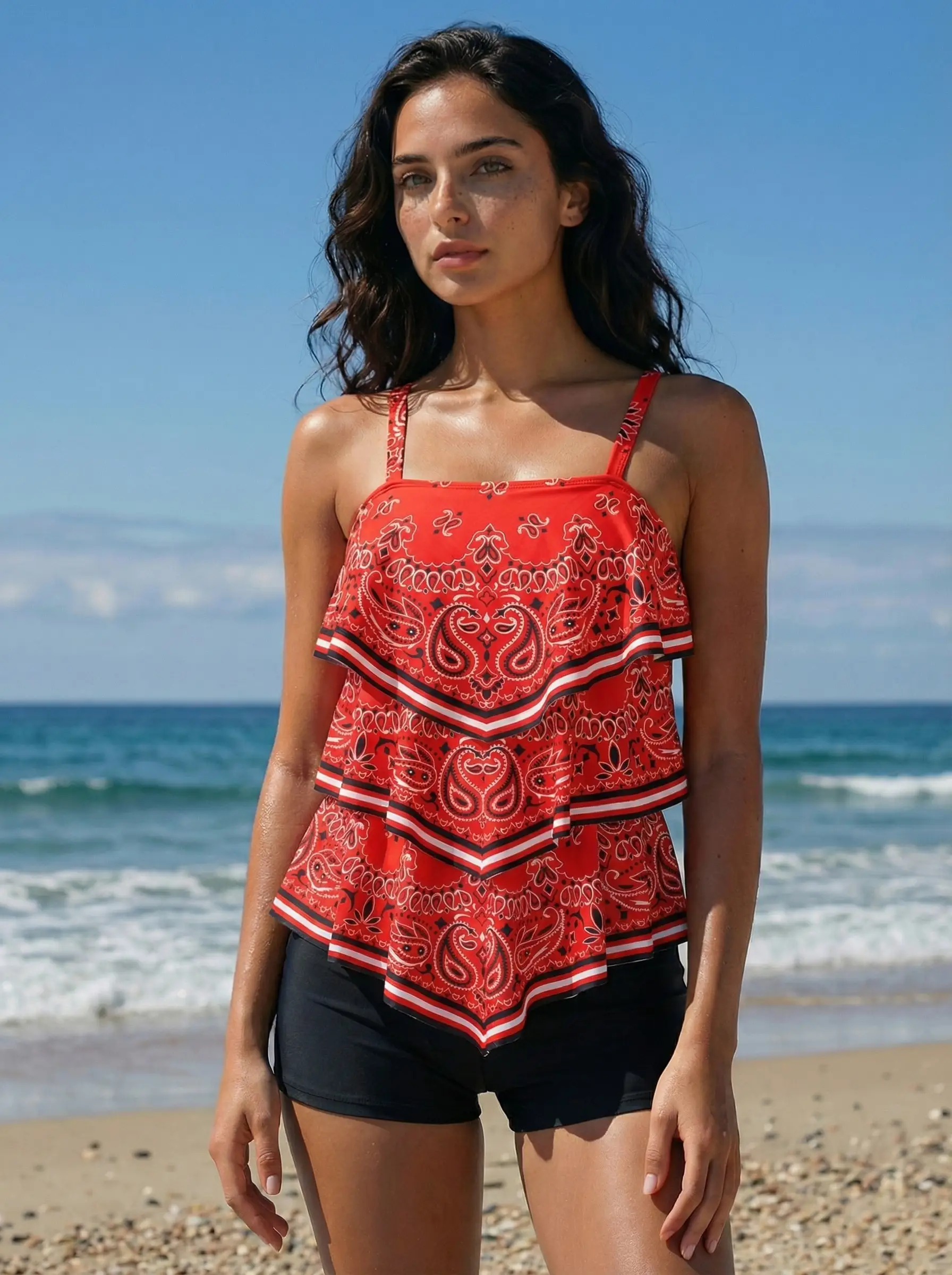 Women's Red Paisley Print Ruffled Tankini Set With Boyshorts Swimsuit for Beach Vacation
Women's Red Paisley Print Ruffled Tankini Set With Boyshorts Swimsuit for Beach Vacation