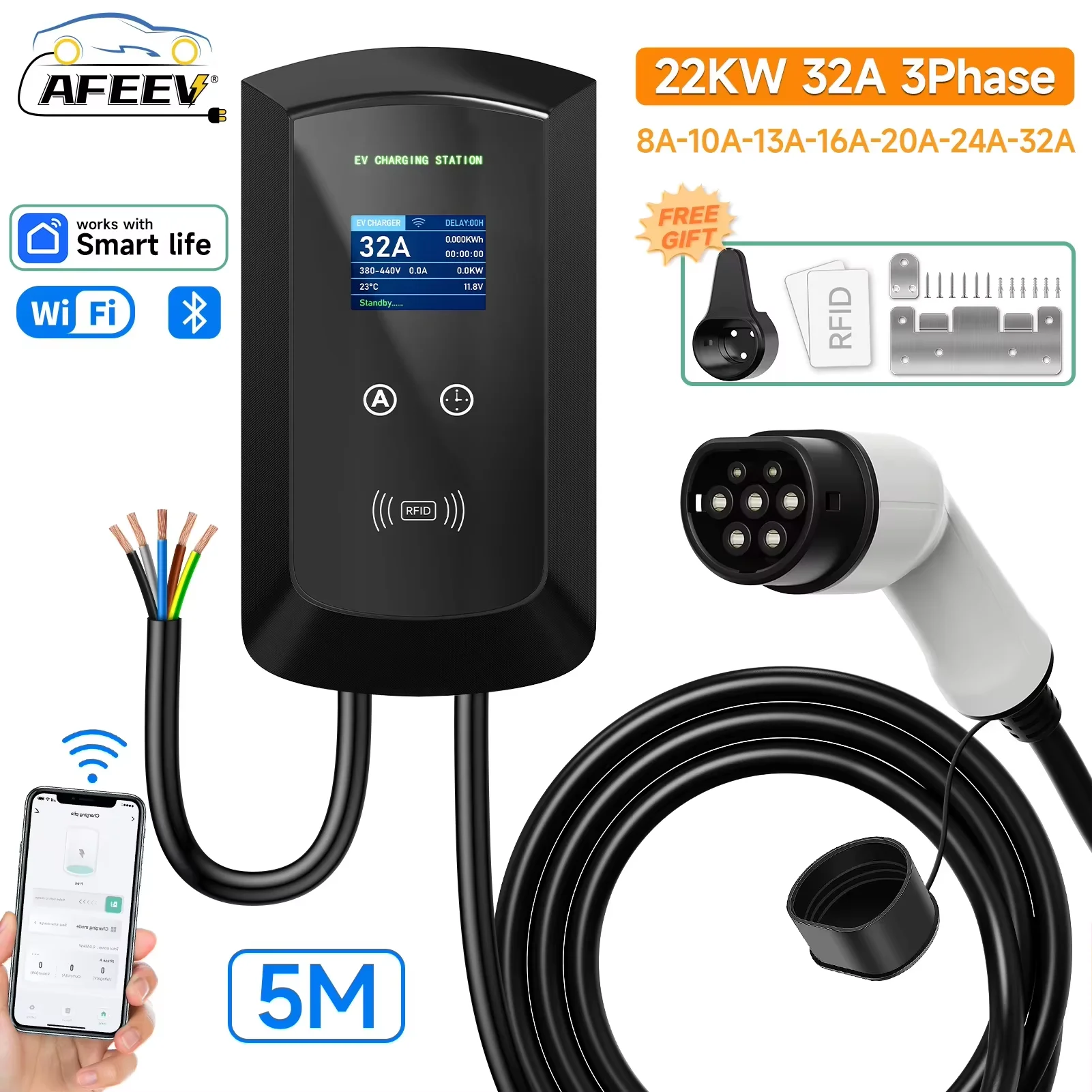 AFEEV 22KW 32A 3Phase EV Charging Station Type2 IEC62196-2 Electric Car ChargerEVSE Wallbox WIFI Bluetooth APP Control
AFEEV 22KW 32A 3Phase EV Charging Station Type2 IEC62196-2 Electric Car ChargerEVSE Wallbox WIFI Bluetooth APP Control