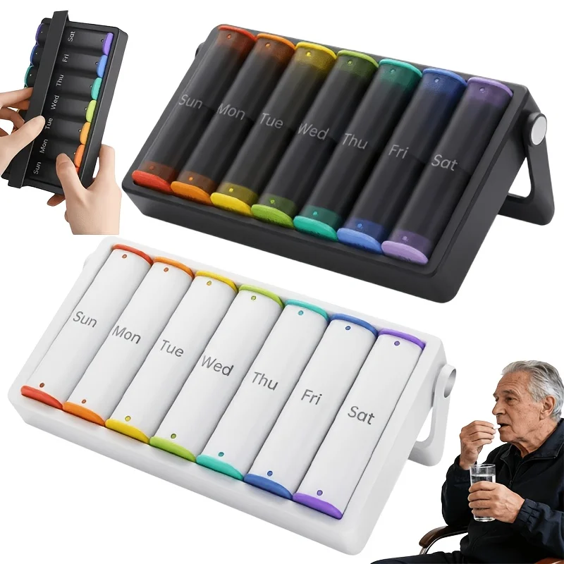 A Portable Pill Organizer That Can Hold Enough Medication for One Week, Seven Days, with a Capacity for Dividing Pills, a Reminder to Take Medication, a Pill Storage Box for Morning and Evening Use, with a Rotating Handle, a Special Container for Vitamins
A Portable Pill Organizer That Can Hold Enough Medication for One Week, Seven Days, with a Capacity for Dividing Pills, a Reminder to Take Medication, a Pill Storage Box for Morning and Evening Use, with a Rotating Handle, a Special Container for Vitamins