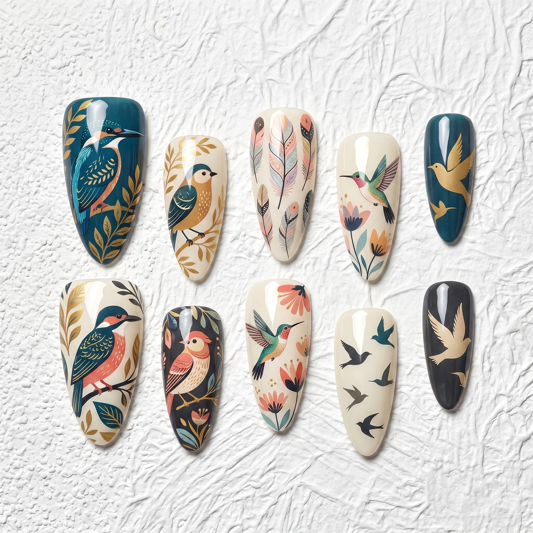 Artisan Handcrafted 10PCS Bird & Feather Almond Press-On Nails | Hand-painted Hummingbirds, Kingfishers, Feathers & Florals, Gol
Artisan Handcrafted 10PCS Bird & Feather Almond Press-On Nails | Hand-painted Hummingbirds, Kingfishers, Feathers & Florals, Gol