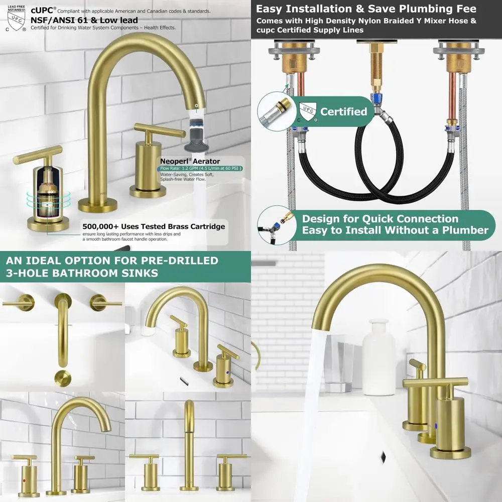 8 смесителей для раковины из матового золота с 3 отверстиями и 2 ручками, расходомер 1,2 галлона в минуту, сертифицированные линии подачи UPC
8 смесителей для раковины из матового золота с 3 отверстиями и 2 ручками, расходомер 1,2 галлона в минуту, сертифицированные линии подачи UPC