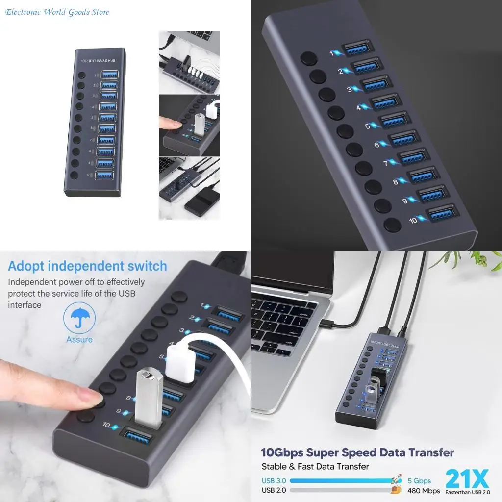 A3PD Multi Port USB3.0 Hub Expands To 10 Port USB Splitter Adapter 5Gbps Fast