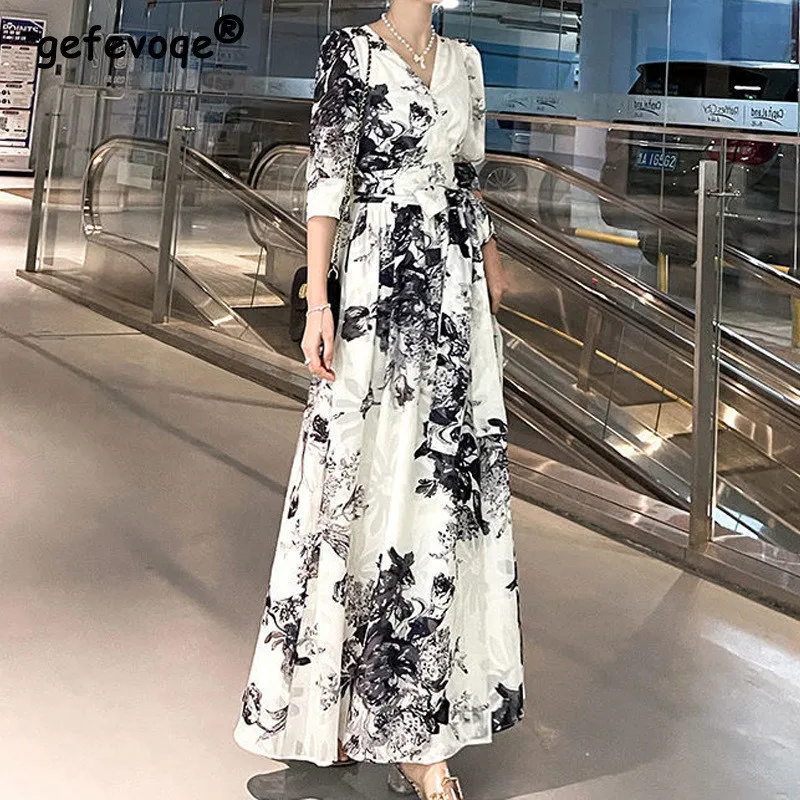 Vintage Print V Neck Bandage High Waist Tunic Party Ladies Dresses Summer Fashion 3/4 Sleeve Elegant Maxi Dress Women Vestidos
Vintage Print V Neck Bandage High Waist Tunic Party Ladies Dresses Summer Fashion 3/4 Sleeve Elegant Maxi Dress Women Vestidos
