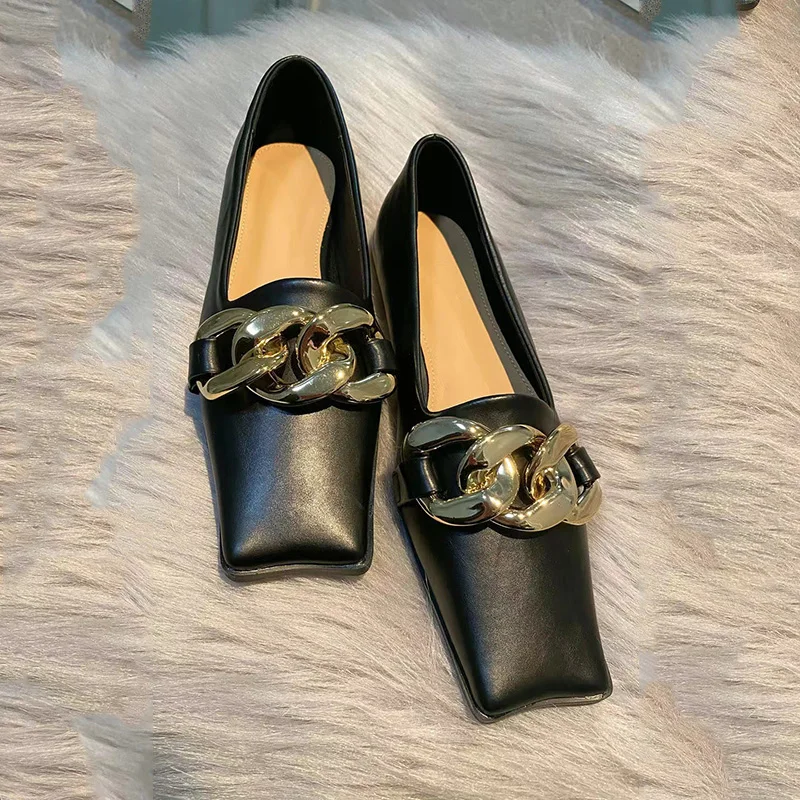 Spring Autumn Single Shoes Women Black Leather Leisure Pumps Metal Chains Square Toe Mules Flats Office Lady Loafers Shoes
Spring Autumn Single Shoes Women Black Leather Leisure Pumps Metal Chains Square Toe Mules Flats Office Lady Loafers Shoes