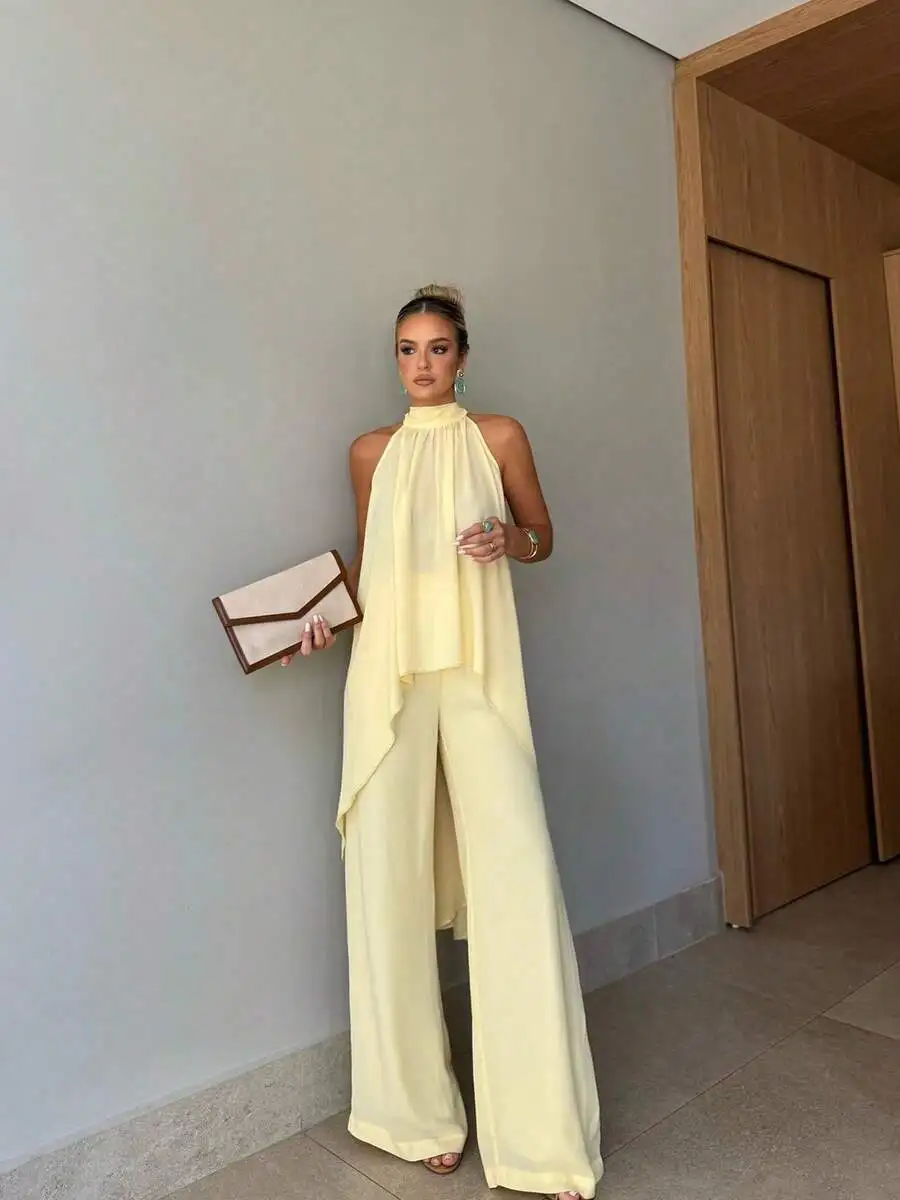 Women 2-Piece Set Solid Color Halter Neck Top And Wide Leg Pants For Party Vacation Dating
Women 2-Piece Set Solid Color Halter Neck Top And Wide Leg Pants For Party Vacation Dating