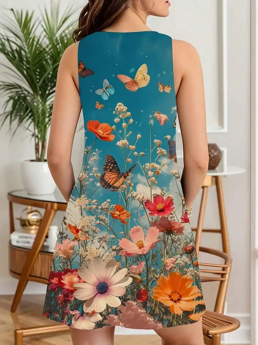 Women Sleeveless Floral Butterfly Print Summer Dress
Women Sleeveless Floral Butterfly Print Summer Dress
