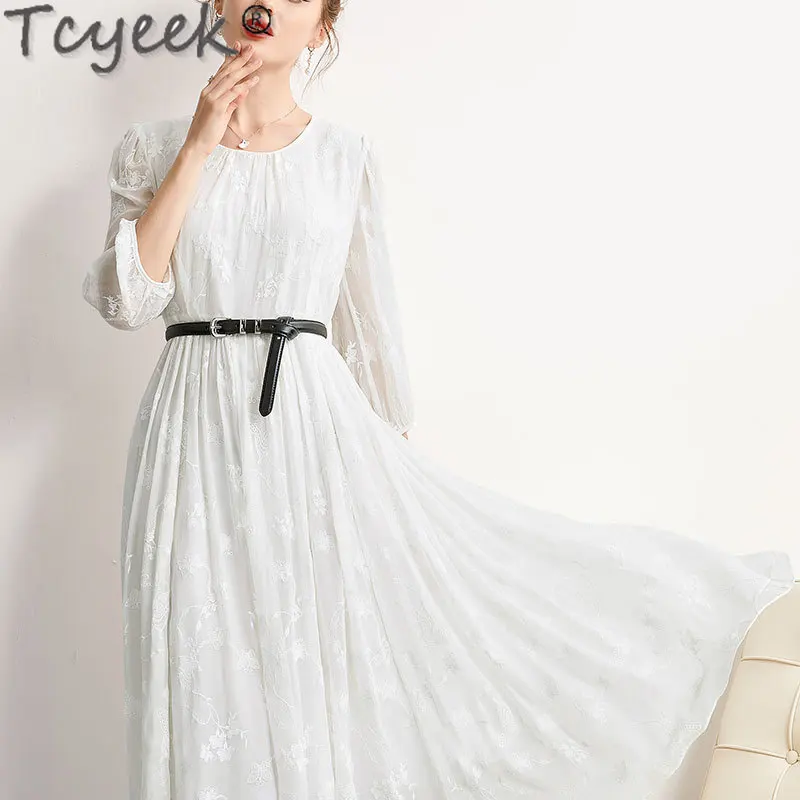Tcyeek 100% Real Mulberry Silk Long Dress 2024 Summer White Dress for Women Elegant Women's Dresses Slim Fit French Style Dress
Tcyeek 100% Real Mulberry Silk Long Dress 2024 Summer White Dress for Women Elegant Women's Dresses Slim Fit French Style Dress