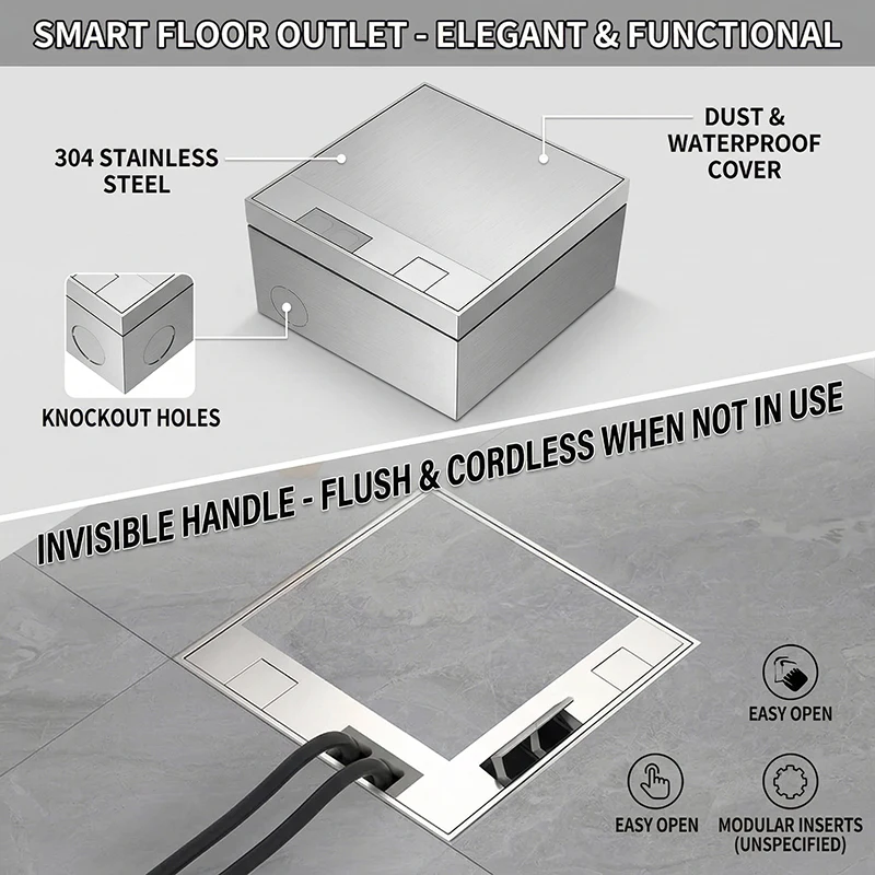 Stainless Steel Recessed Floor Socket Hidden Ground Power Outlet with USB, Multi-Standard (EU/FR/IL/IT) Tile-Coverable 130x130mm
Stainless Steel Recessed Floor Socket Hidden Ground Power Outlet with USB, Multi-Standard (EU/FR/IL/IT) Tile-Coverable 130x130mm