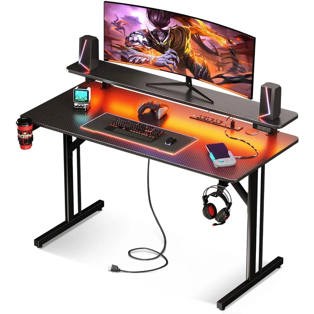 Gaming Desk with LED Lights & Power Outlets, Computer Desk Gaming Table with Monitor Shelf, Gamer Desk with Carbon Fiber Texture
Gaming Desk with LED Lights & Power Outlets, Computer Desk Gaming Table with Monitor Shelf, Gamer Desk with Carbon Fiber Texture
