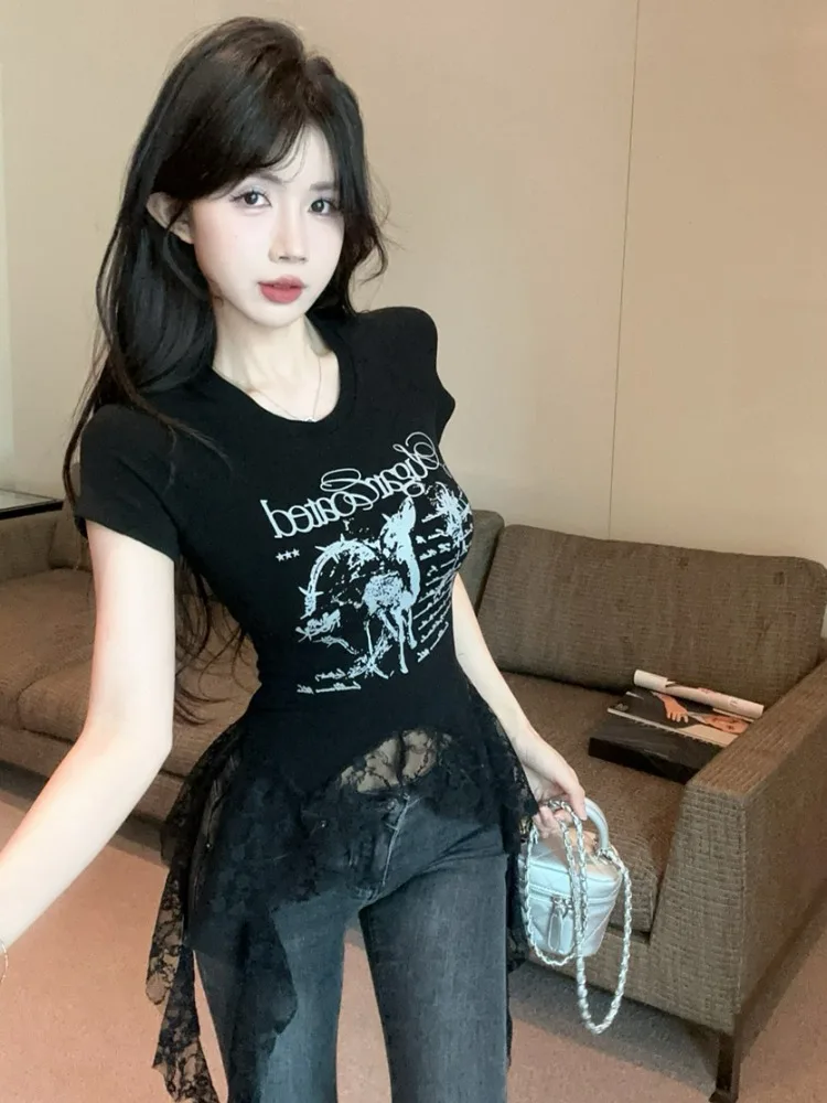 Spicy Girl Lace Patchwork Hem Short Sleeve T-Shirt Women's Summer Design Slimming round Neck Short Length Top Breathable Skin...
Spicy Girl Lace Patchwork Hem Short Sleeve T-Shirt Women's Summer Design Slimming round Neck Short Length Top Breathable Skin...