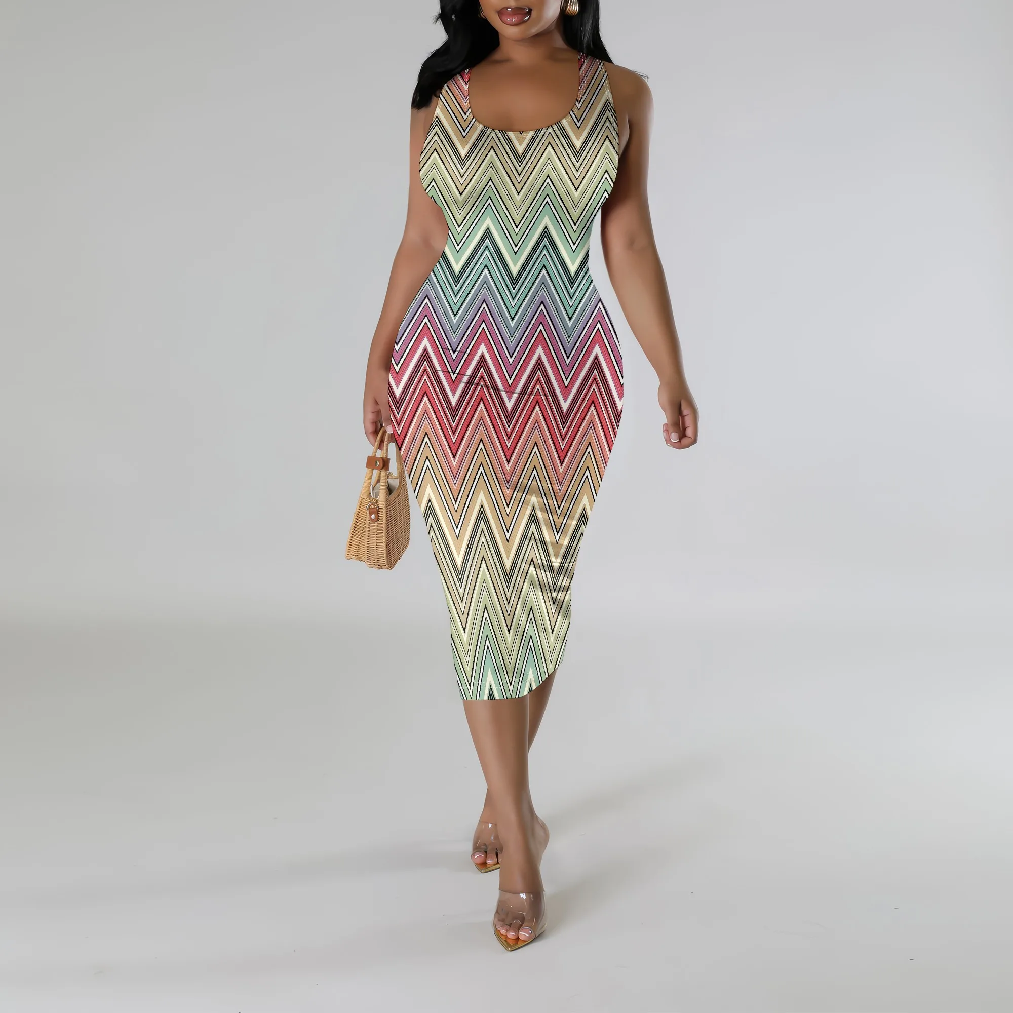 Summer Sleeveless Bodycon Midi Dress Zigzag Print Beach Vacation Outfit for Women
Summer Sleeveless Bodycon Midi Dress Zigzag Print Beach Vacation Outfit for Women