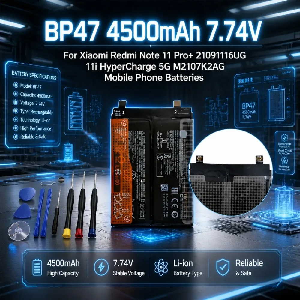 Hot Sale BP47 4500mAh 7.74V Battery For Xiaomi Redmi Note 11 Pro+ 21091116UG 11i HyperCharge 5G M2107K2AG Mobile Phone Batteries
Hot Sale BP47 4500mAh 7.74V Battery For Xiaomi Redmi Note 11 Pro+ 21091116UG 11i HyperCharge 5G M2107K2AG Mobile Phone Batteries