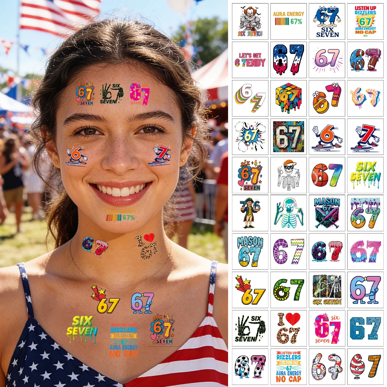 20pcs/set New Funny Color 67 Six Seven Temporary Tattoo Stickers For Body Art Tattoo Party Gifts Stickers
20pcs/set New Funny Color 67 Six Seven Temporary Tattoo Stickers For Body Art Tattoo Party Gifts Stickers