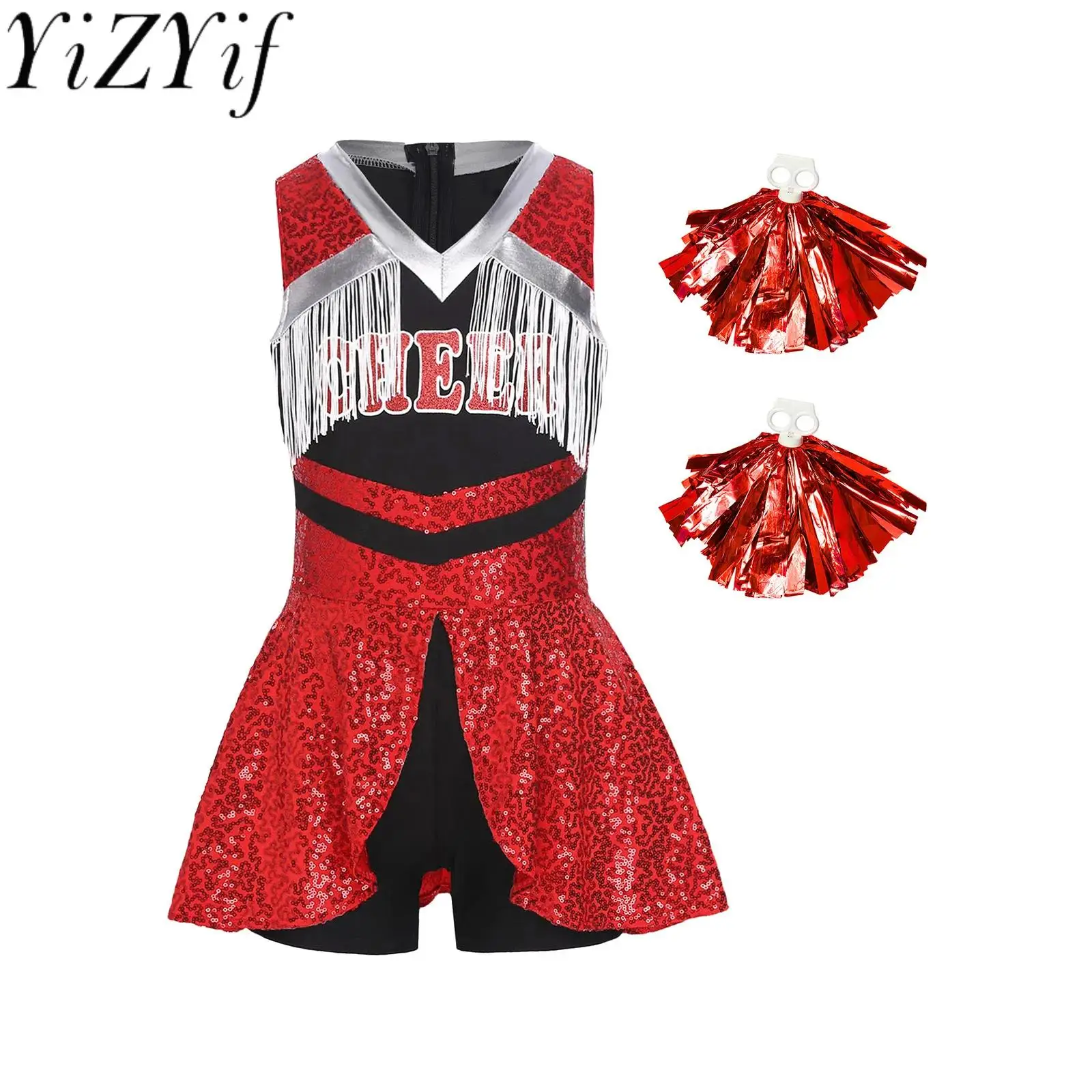 Glittery Tassels Cheering Dance Outfits Cheerleader Dance Performance with Hand Flowers for Competition Cheer Outfits
Glittery Tassels Cheering Dance Outfits Cheerleader Dance Performance with Hand Flowers for Competition Cheer Outfits