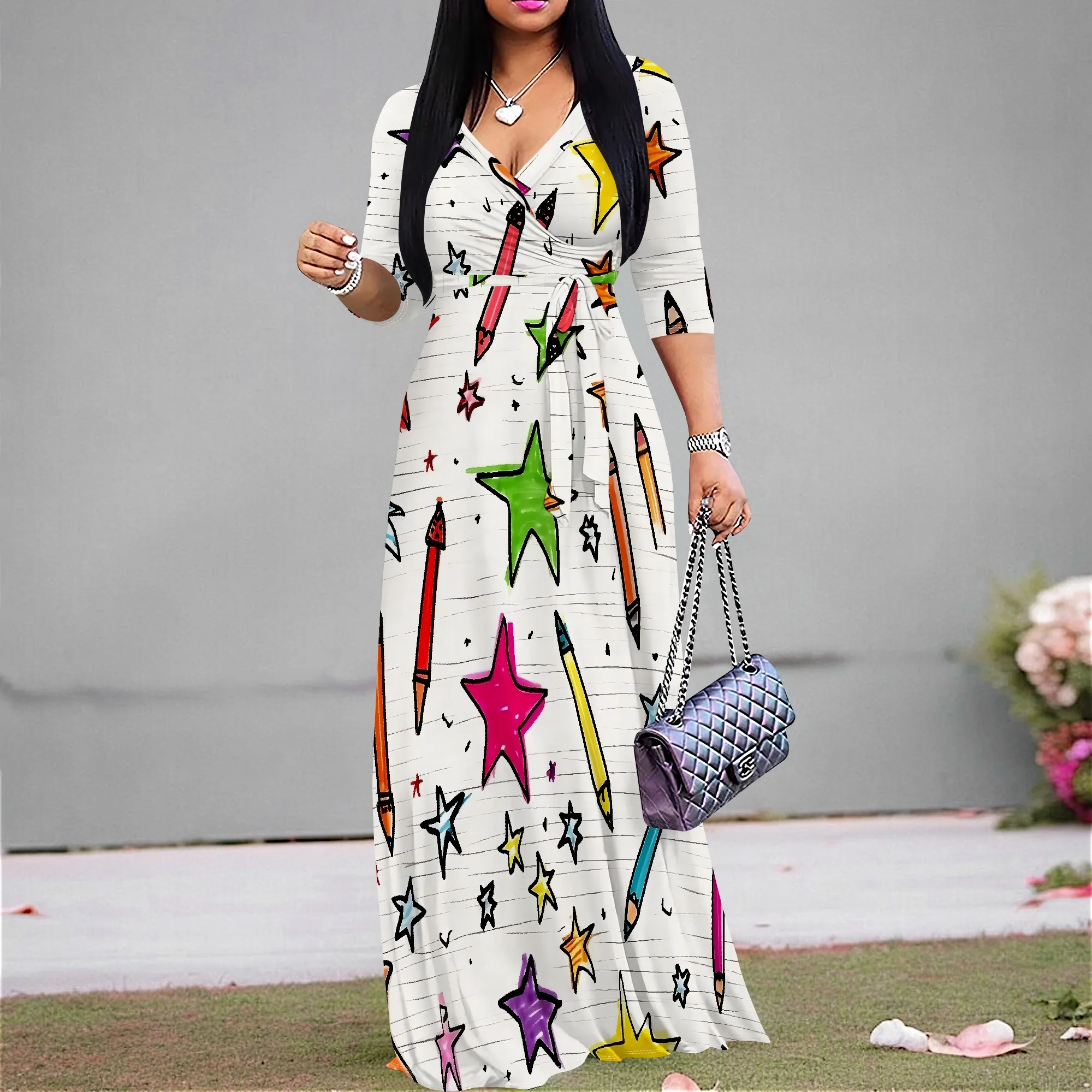 S-3XL Teacher Style Wrap Maxi Dress for Women V-Neck Star & Pencil Print for Back to School, Classroom or Art Event Look
S-3XL Teacher Style Wrap Maxi Dress for Women V-Neck Star & Pencil Print for Back to School, Classroom or Art Event Look