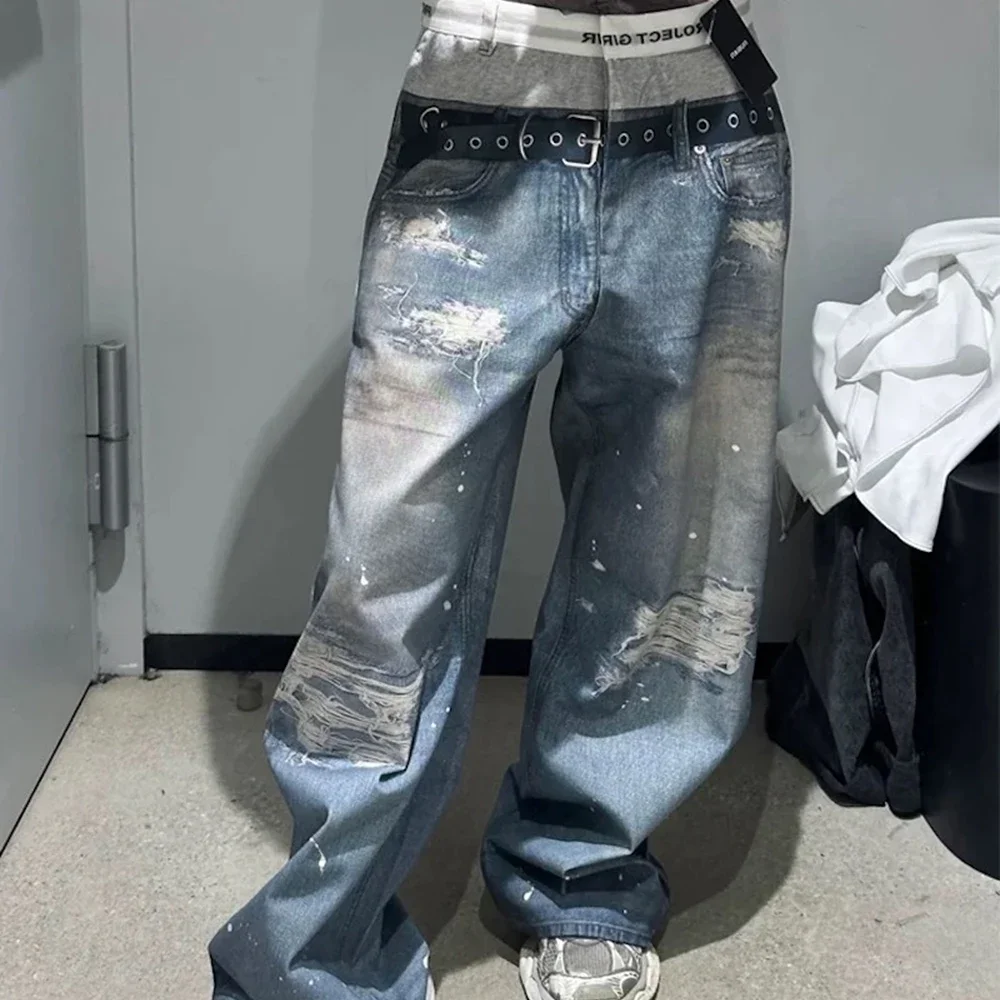 Vintage 3D Printed Waistband Distressed Hole Bagy Jeans for Men Streetwear Washed Casual Loose Denim Trousers Oversized
Vintage 3D Printed Waistband Distressed Hole Bagy Jeans for Men Streetwear Washed Casual Loose Denim Trousers Oversized
