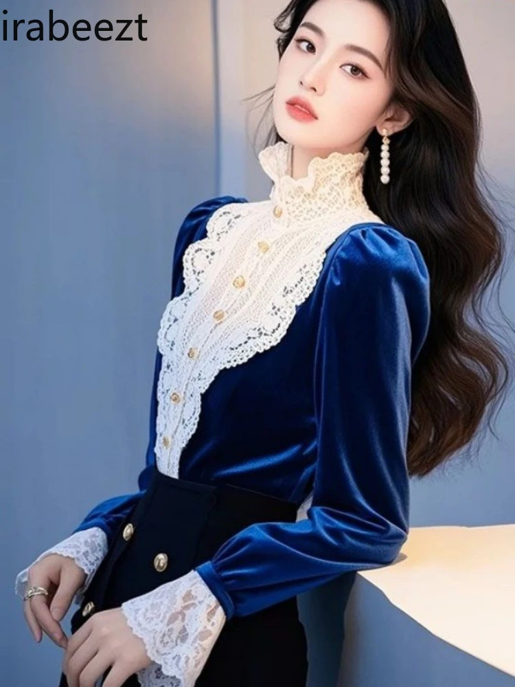 Elegant Blue Velvet Lace Trim Women's Slim Fit Winter Turtleneck Top 2025 Fashion Blouse Ladies Base Layer Long Sleeve
Elegant Blue Velvet Lace Trim Women's Slim Fit Winter Turtleneck Top 2025 Fashion Blouse Ladies Base Layer Long Sleeve