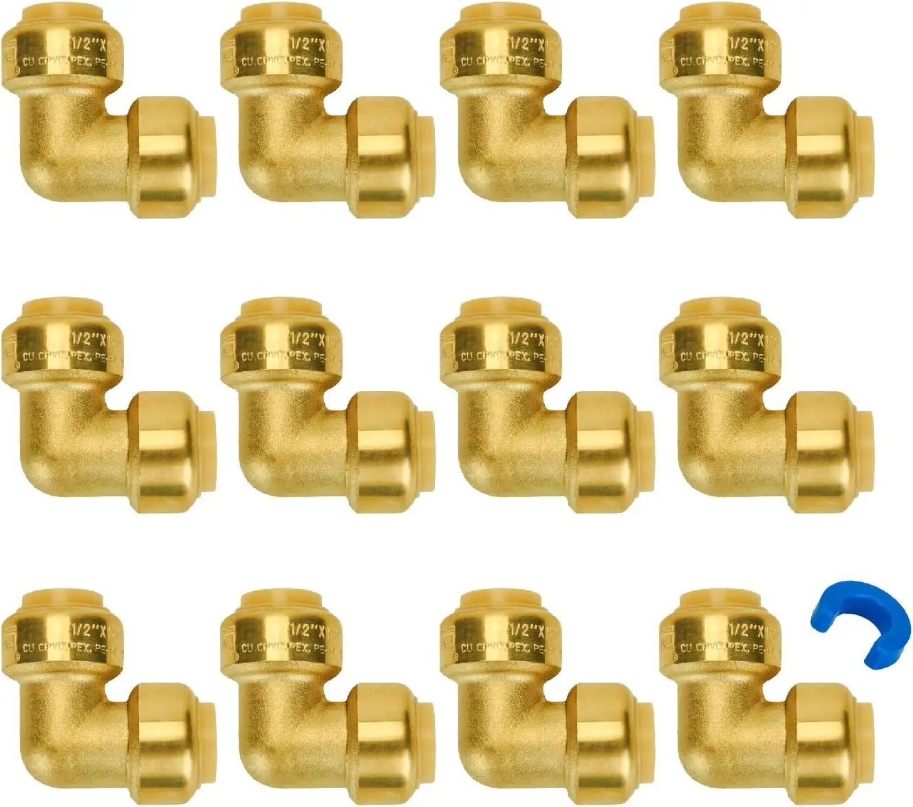 90 Degree Elbow Push-to-Connect Fittings for PEX, Copper, CPVC Pipes, 1/2 Inch with Disconnect Clip, Pack of 12
90 Degree Elbow Push-to-Connect Fittings for PEX, Copper, CPVC Pipes, 1/2 Inch with Disconnect Clip, Pack of 12
