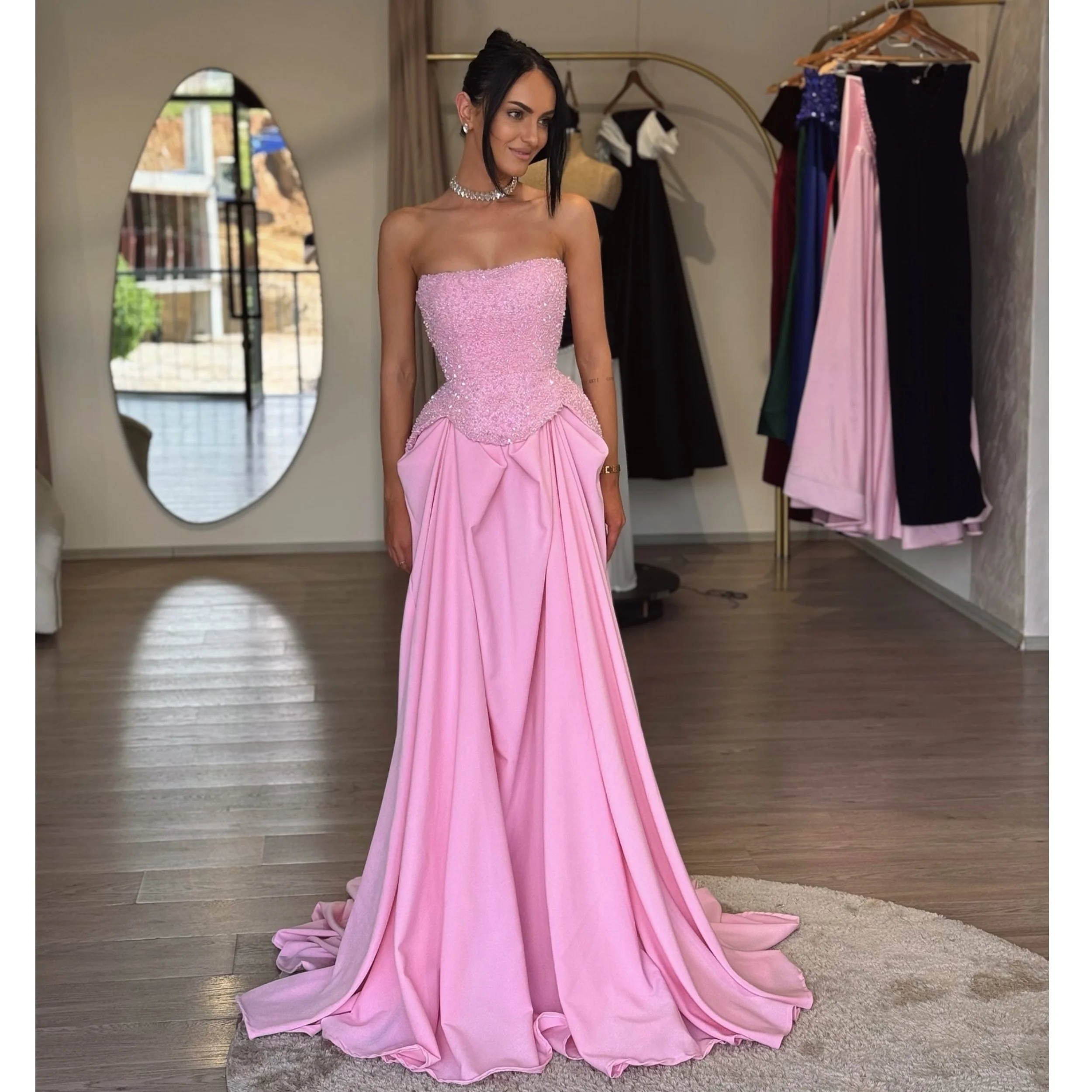 Sexy Pink Prom Dress for Women Strapless A Line Beading Formal Evening Gowns Customized Shiny Empire Ruched Vestido de Fiesa
Sexy Pink Prom Dress for Women Strapless A Line Beading Formal Evening Gowns Customized Shiny Empire Ruched Vestido de Fiesa