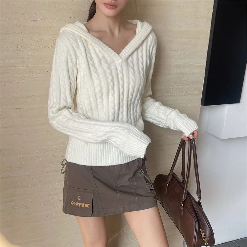 Женские вязаные шерстяные пуловеры, свитера, однотонные джемперы, вязаные джемперы с капюшоном и длинными рукавами, свободная посадка, повседневная толстая офисная женская осень 2023 г. 
Женские вязаные шерстяные пуловеры, свитера, однотонные джемперы, вязаные джемперы с капюшоном и длинными рукавами, свободная посадка, повседневная толстая офисная женская осень 2023 г.