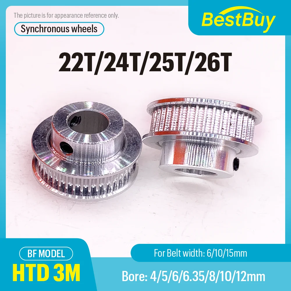 HTD 3M 22T/24T/25T/26Teeth Timing Pulley Bore 4-14mm Suitable for Belt Width 6/10/15mm Pitch 3mm Synchronous Wheel BF Type
HTD 3M 22T/24T/25T/26Teeth Timing Pulley Bore 4-14mm Suitable for Belt Width 6/10/15mm Pitch 3mm Synchronous Wheel BF Type