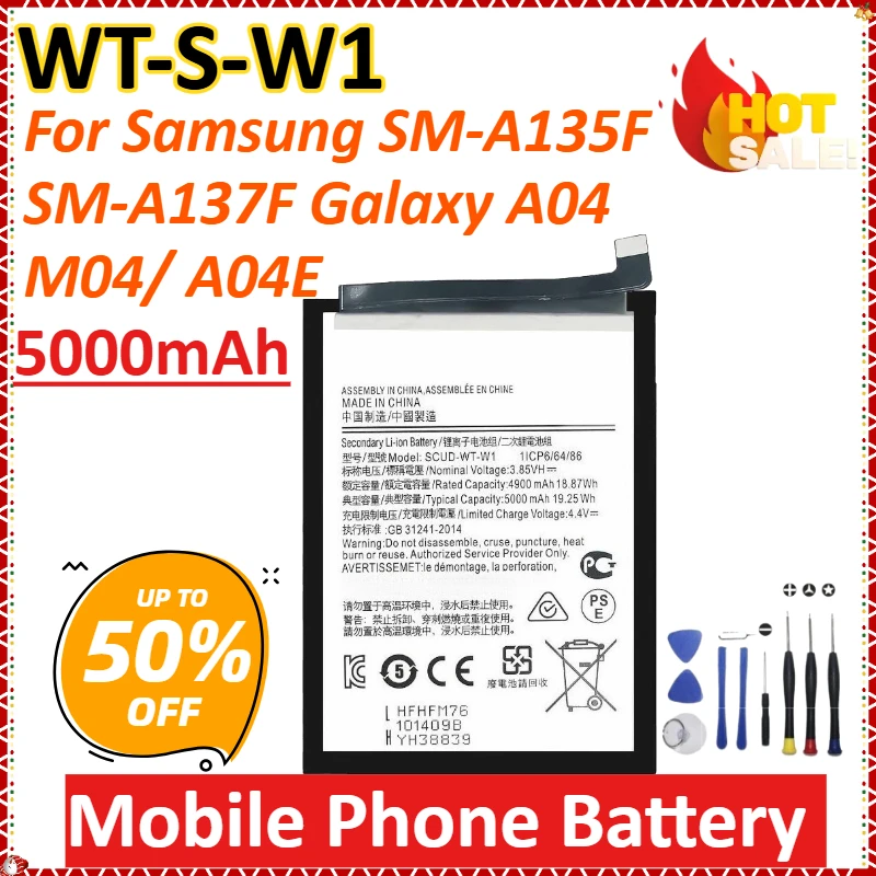 WT-S-W1 5000mAh 4.4V for Samsung SM-A135F/SM-A137F Galaxy A04 / M04/ A04E High-Capacity Replacement Mobile Phone Battery+tools
WT-S-W1 5000mAh 4.4V for Samsung SM-A135F/SM-A137F Galaxy A04 / M04/ A04E High-Capacity Replacement Mobile Phone Battery+tools