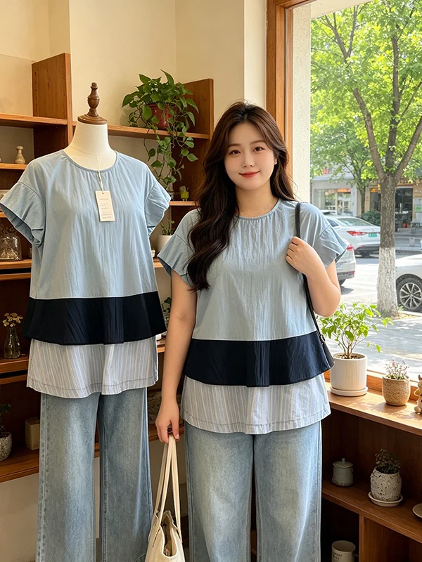 Large Size Color Block Short Sleeve Doll Shirt Women's Summer Loose Belly Covering Youthful Korean Style Top Korean Style
Large Size Color Block Short Sleeve Doll Shirt Women's Summer Loose Belly Covering Youthful Korean Style Top Korean Style