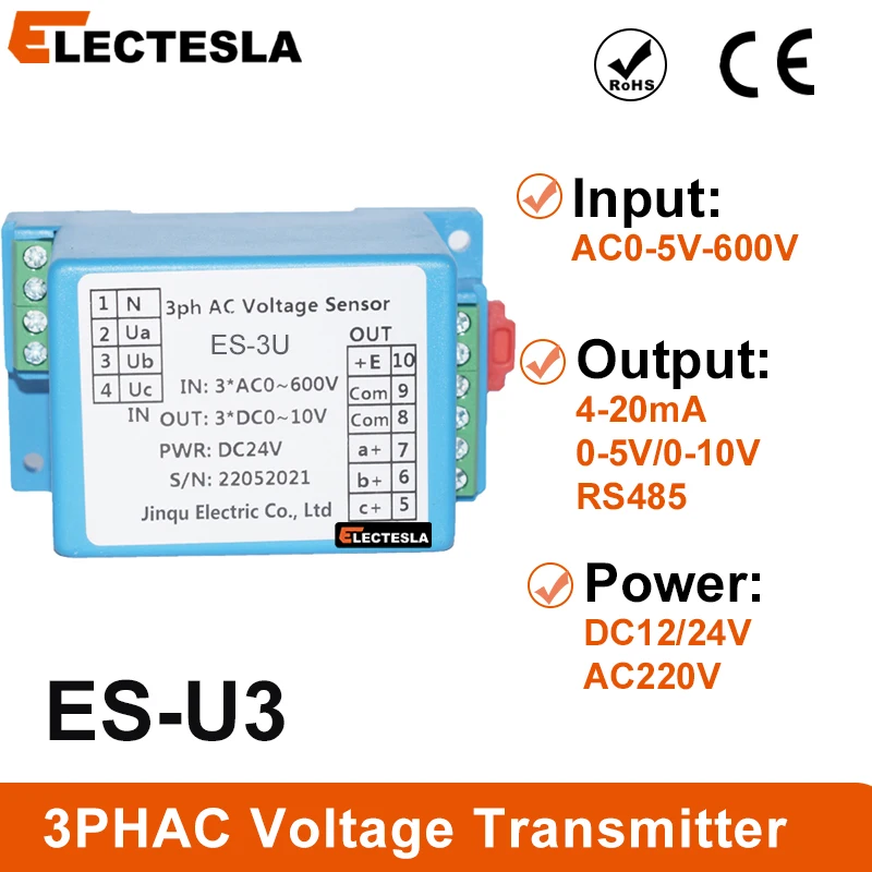 ES-3U 3 phase AC 0-600V voltage transducer 4-20mA 0-10V three-phase voltage sensor signal transmitter
ES-3U 3 phase AC 0-600V voltage transducer 4-20mA 0-10V three-phase voltage sensor signal transmitter