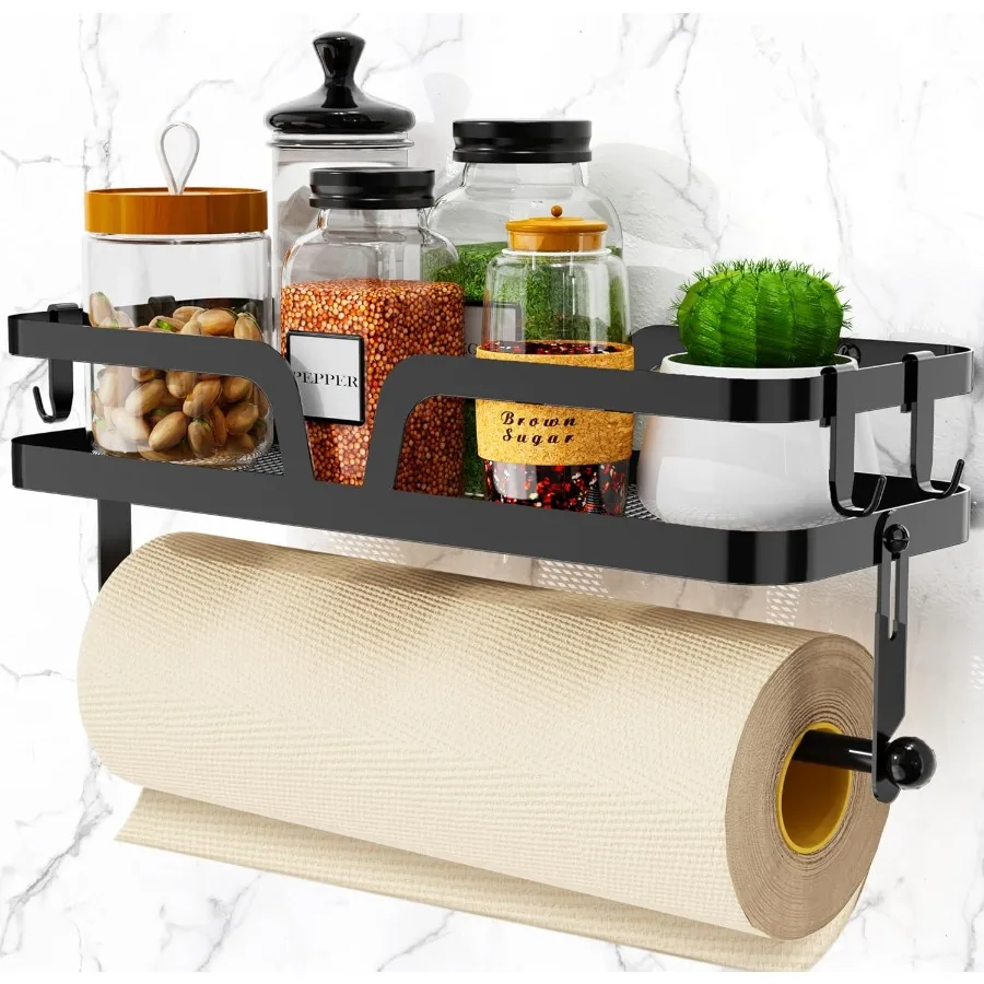 Paper Towel Holder with Shelf Kitchen Paper Holder Spice Rack Black Paper Towel Roll Holder RV Paper Towel Rack with 4 Hooks 2
Paper Towel Holder with Shelf Kitchen Paper Holder Spice Rack Black Paper Towel Roll Holder RV Paper Towel Rack with 4 Hooks 2