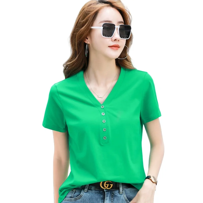 Summer Women's V-neck Button Short Sleeve T-shirt Loose Plus Size Solid Color Bottoming Shirt Half Sleeve Cotton T-shirt
Summer Women's V-neck Button Short Sleeve T-shirt Loose Plus Size Solid Color Bottoming Shirt Half Sleeve Cotton T-shirt