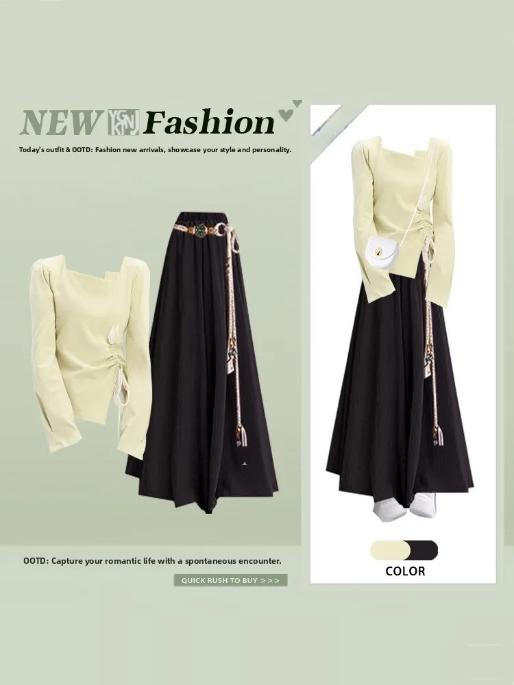 Spring Green Long Sleeve T-Shirt Top High Waist Square Collar Two-Piece Set Women's Soft Style Korean Trend Loose Fit Pants
Spring Green Long Sleeve T-Shirt Top High Waist Square Collar Two-Piece Set Women's Soft Style Korean Trend Loose Fit Pants