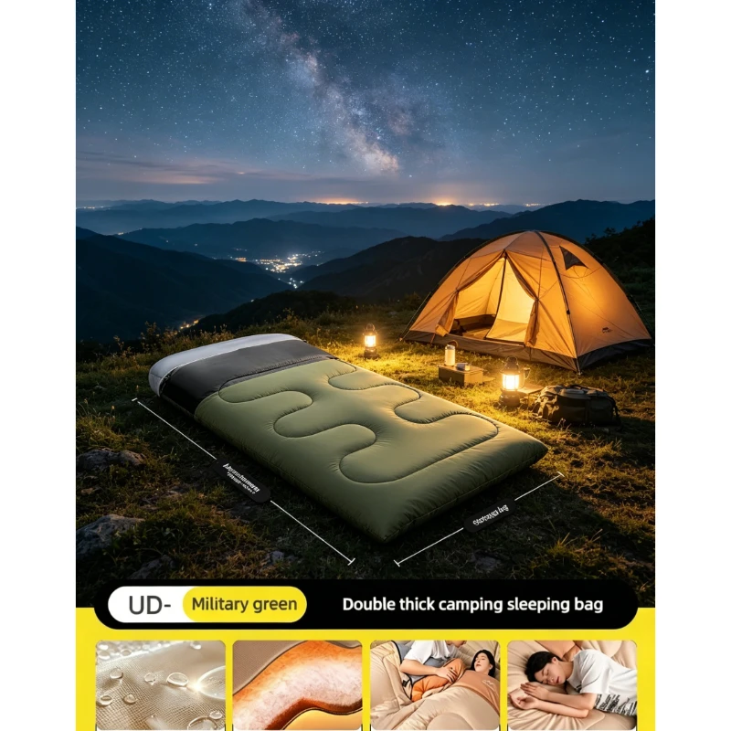 Camping Outdoor Double Sleeping Bag Extra Thick Cold-Weather Emergency Shelter Dirt Barrier Waterproof Moisture-Proof
Camping Outdoor Double Sleeping Bag Extra Thick Cold-Weather Emergency Shelter Dirt Barrier Waterproof Moisture-Proof