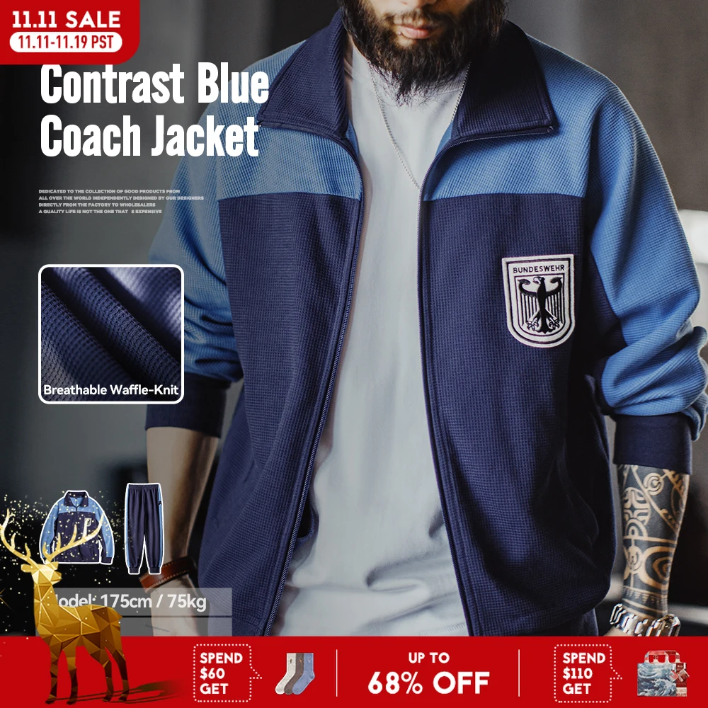 Maden Men's Vintage Contrast Navy Blue Jacket Waffle Knit Training Jacket Breathable Stand Collar Outwear for Spring Fall
Maden Men's Vintage Contrast Navy Blue Jacket Waffle Knit Training Jacket Breathable Stand Collar Outwear for Spring Fall
