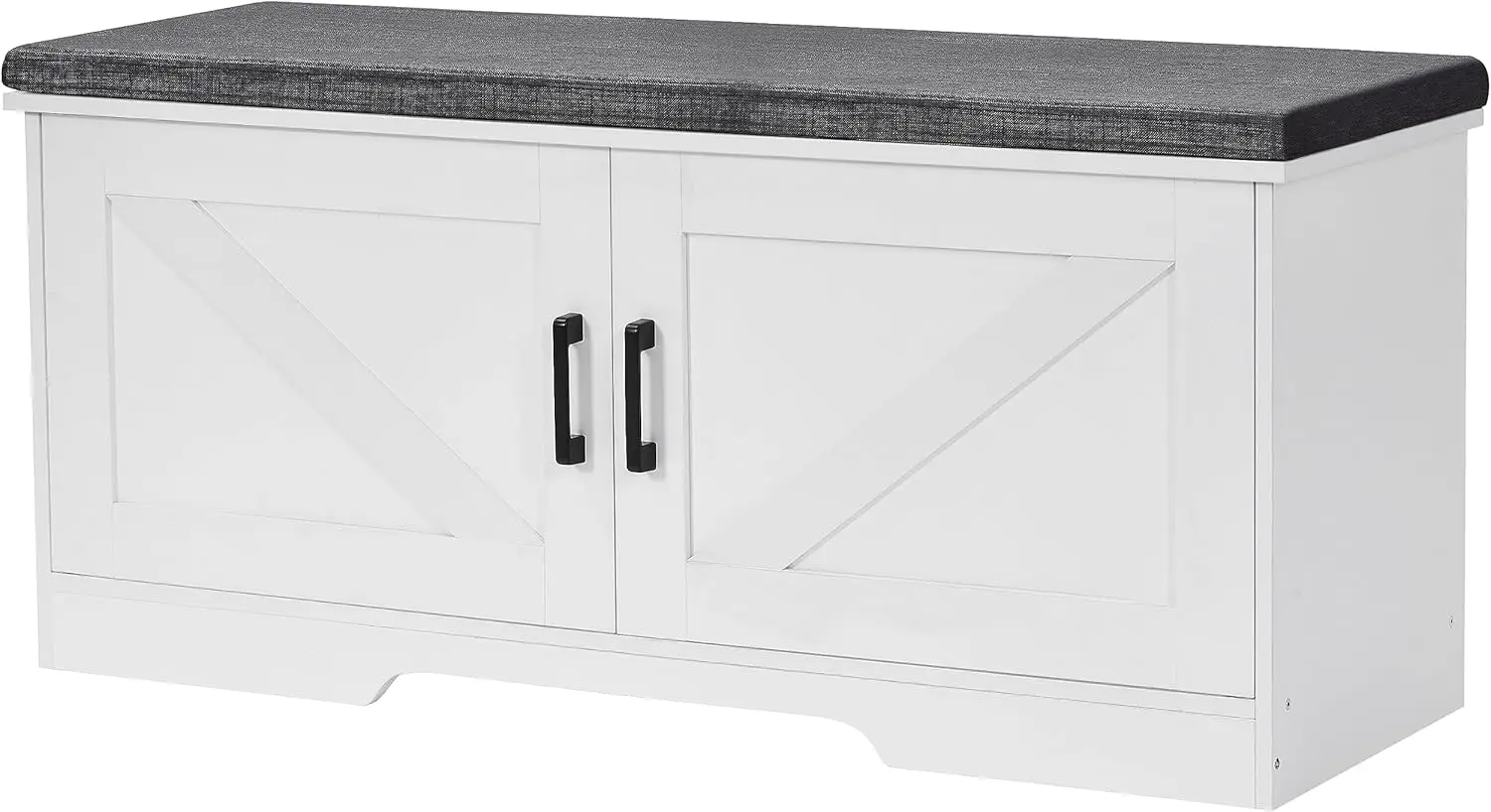 White 2-Tier Storage Bench with Padded Seat, Adjustable Shelf, and Barn Doors for Entryway Organization
White 2-Tier Storage Bench with Padded Seat, Adjustable Shelf, and Barn Doors for Entryway Organization
