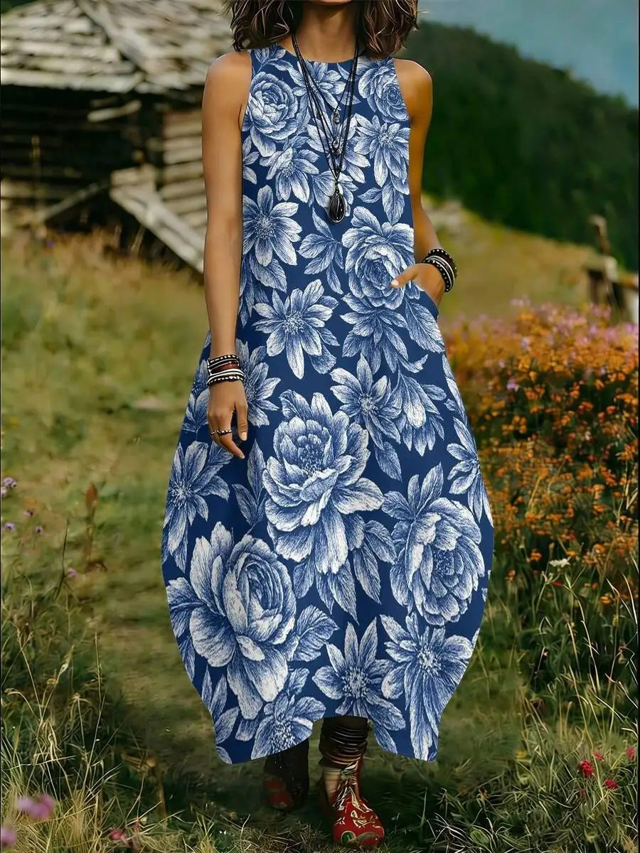 Women Sleeveless Round Neck Blue Floral Print Long Dress Casual Loose Comfortable Knit
Women Sleeveless Round Neck Blue Floral Print Long Dress Casual Loose Comfortable Knit
