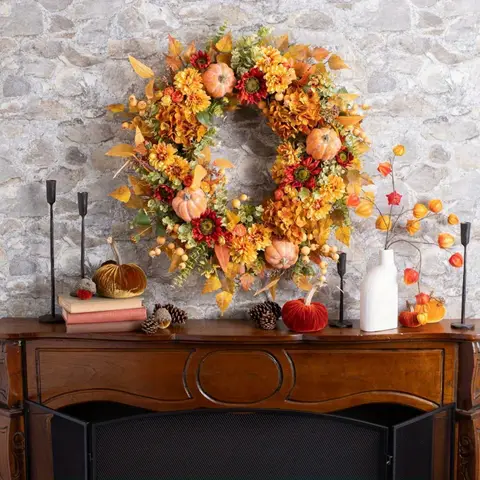 Fall Wreath 17.7'' Autumn Front Door Wreath Harvest Wreath with Pumpkins Cluster of Berries Maple Leaves Pine Cones For