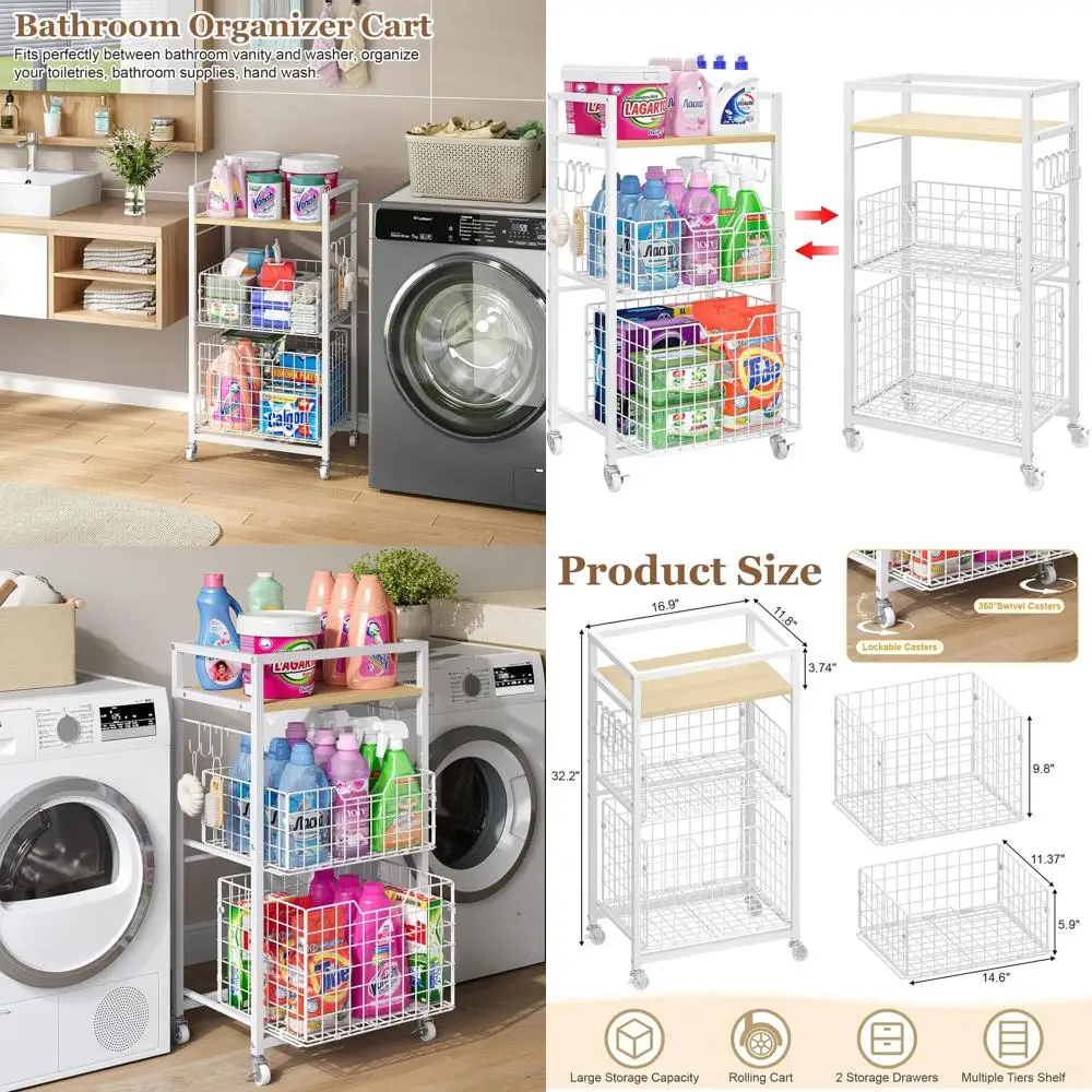 3-Tier Rolling Laundry Cart with Pull-Out Baskets, Wood Top Utility Storage Organizer for Bathroom, White
3-Tier Rolling Laundry Cart with Pull-Out Baskets, Wood Top Utility Storage Organizer for Bathroom, White