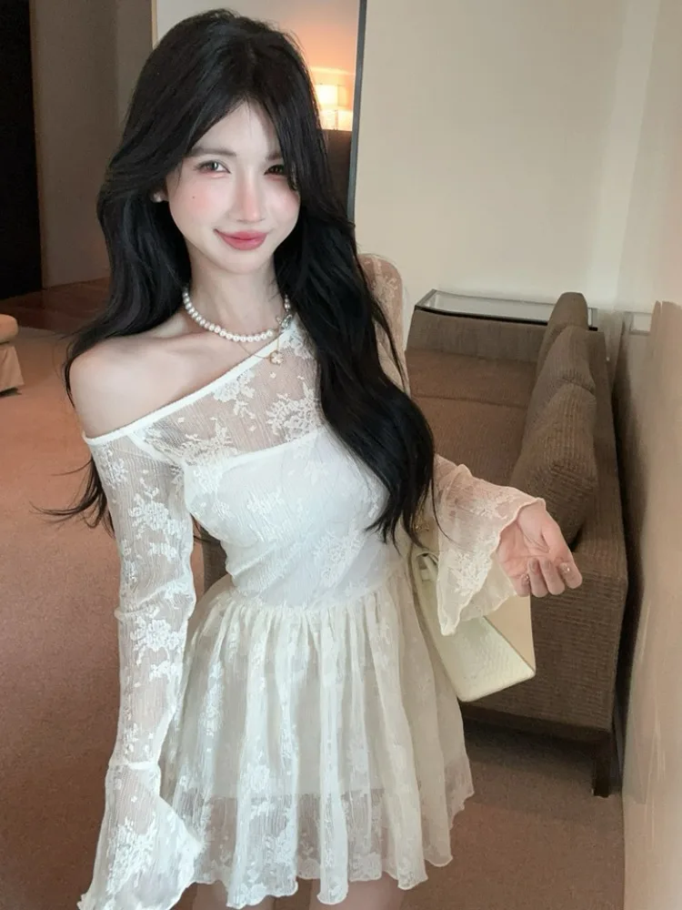 Korean Style Pure Desire Diagonal Shoulder Design Milk Apricot Color A-Line Short Skirt Women Gentle Style Sexy Lace Dress
Korean Style Pure Desire Diagonal Shoulder Design Milk Apricot Color A-Line Short Skirt Women Gentle Style Sexy Lace Dress