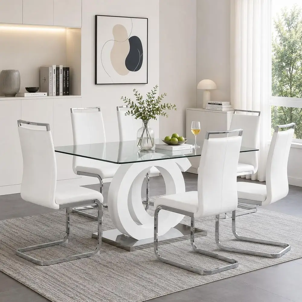 Elegant 63-inch Glass Dining Table with 6 PU Leather Chairs for Home, Kitchen, Living Room
Elegant 63-inch Glass Dining Table with 6 PU Leather Chairs for Home, Kitchen, Living Room