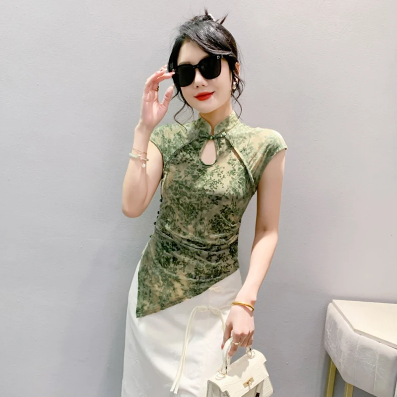 New Women Summer Chinese Style Elastic Skinny T-shirt Fashion Hollow Out Stand Collar Short Sleeve Irregular Print Mesh Tees
New Women Summer Chinese Style Elastic Skinny T-shirt Fashion Hollow Out Stand Collar Short Sleeve Irregular Print Mesh Tees