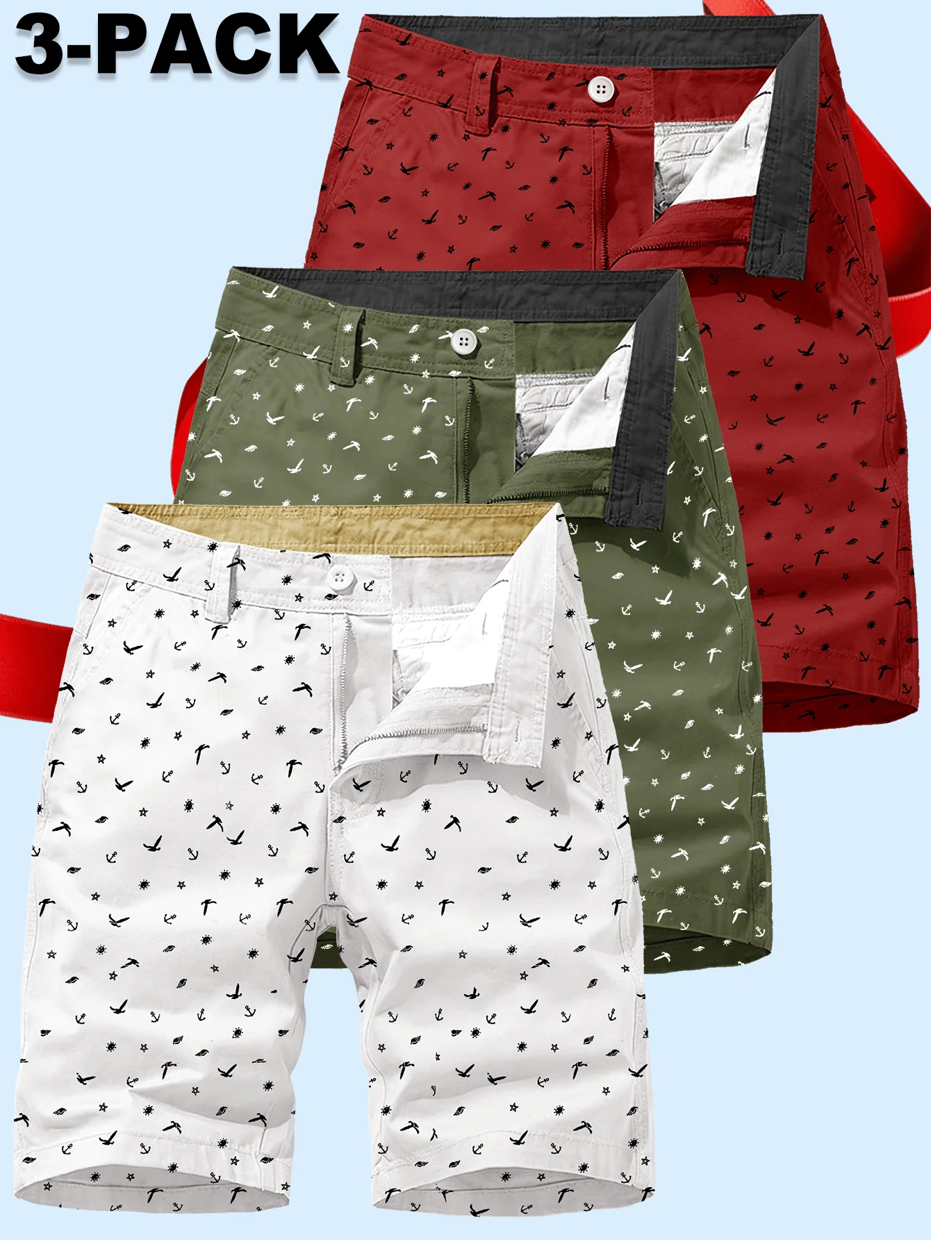 3-Pack Mens Summer Printed Casual Shorts With Button Fly And Color Block Waistband
3-Pack Mens Summer Printed Casual Shorts With Button Fly And Color Block Waistband
