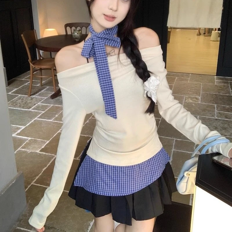 Deeptown Black Off Shoulder Asymmetric Plaid Women Fake Two Piece T-Shirts Long Sleeve Korean Fashion Tees Beige Slim Elegant
Deeptown Black Off Shoulder Asymmetric Plaid Women Fake Two Piece T-Shirts Long Sleeve Korean Fashion Tees Beige Slim Elegant