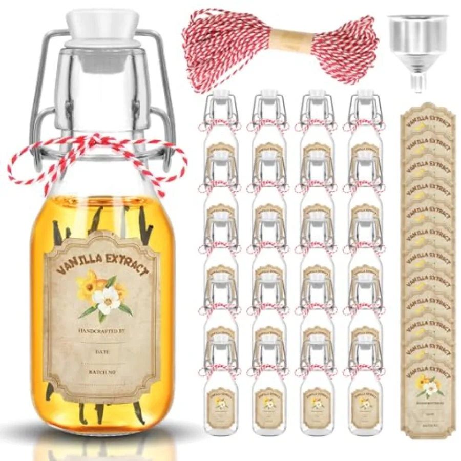 20 Pack Swing Top Glass Vanilla Bottles 4 oz with Lids, Vanilla Labels and Funnel, Glass Boston Round Bottles for Extract and S
20 Pack Swing Top Glass Vanilla Bottles 4 oz with Lids, Vanilla Labels and Funnel, Glass Boston Round Bottles for Extract and S