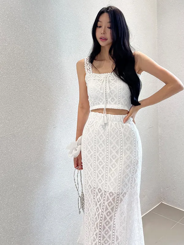 Lace Trim Halter Vest Women's Mesh Hollow out Elastic Waist Skirt Set Short Sleeve round Neck Two-Piece Cotton Summer Outfit
Lace Trim Halter Vest Women's Mesh Hollow out Elastic Waist Skirt Set Short Sleeve round Neck Two-Piece Cotton Summer Outfit