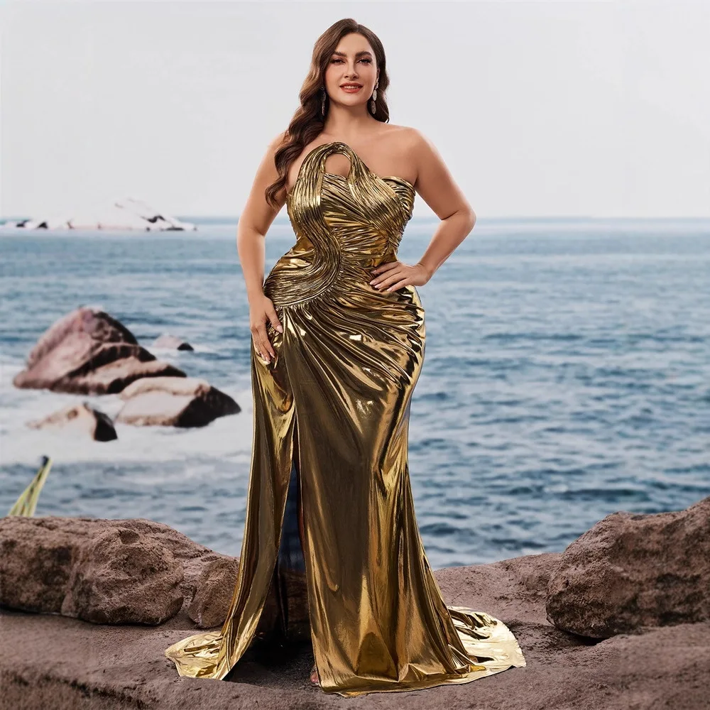 Plus Size Metallic Gold Twisted Cutout Strapless Mermaid Maxi Dress Draped Ruched High Thigh Slit Floor Train Evening Gown
Plus Size Metallic Gold Twisted Cutout Strapless Mermaid Maxi Dress Draped Ruched High Thigh Slit Floor Train Evening Gown