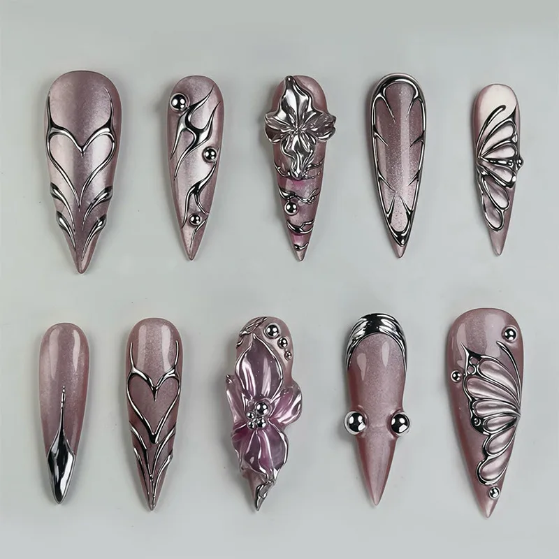 24pcs Wearable Long Stiletto False Nails Tip Pink Purple Cat's Eye Almond Fake Nail Set Metal Flower Decor Design Press on Nails
24pcs Wearable Long Stiletto False Nails Tip Pink Purple Cat's Eye Almond Fake Nail Set Metal Flower Decor Design Press on Nails