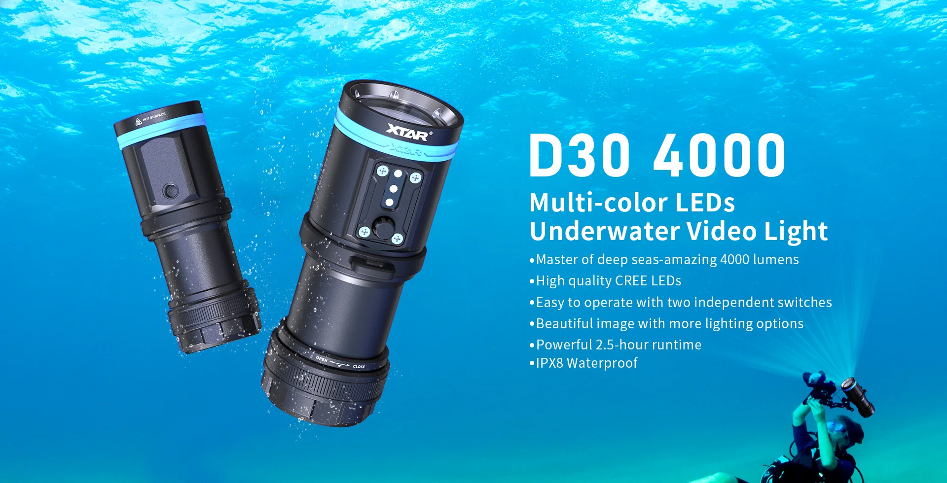 XTAR D30 4000 Diving Flashlight IP68 Waterproof Professional Diving Light High 9 LEDS Super Bright Dive LED Flashlight UV
XTAR D30 4000 Diving Flashlight IP68 Waterproof Professional Diving Light High 9 LEDS Super Bright Dive LED Flashlight UV