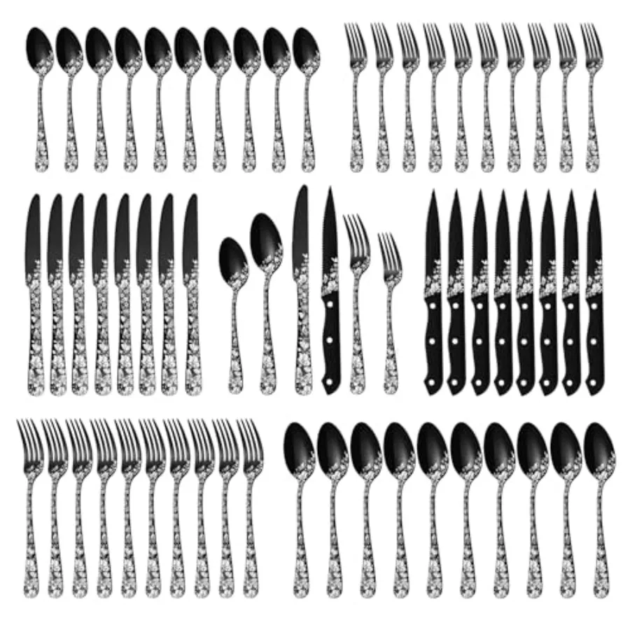 48-Piece Black Silverware Set with Steak Knives Stainless Steel Cutlery Flatware Set for 8 Utensil Sets Include Forks Spoons an
48-Piece Black Silverware Set with Steak Knives Stainless Steel Cutlery Flatware Set for 8 Utensil Sets Include Forks Spoons an