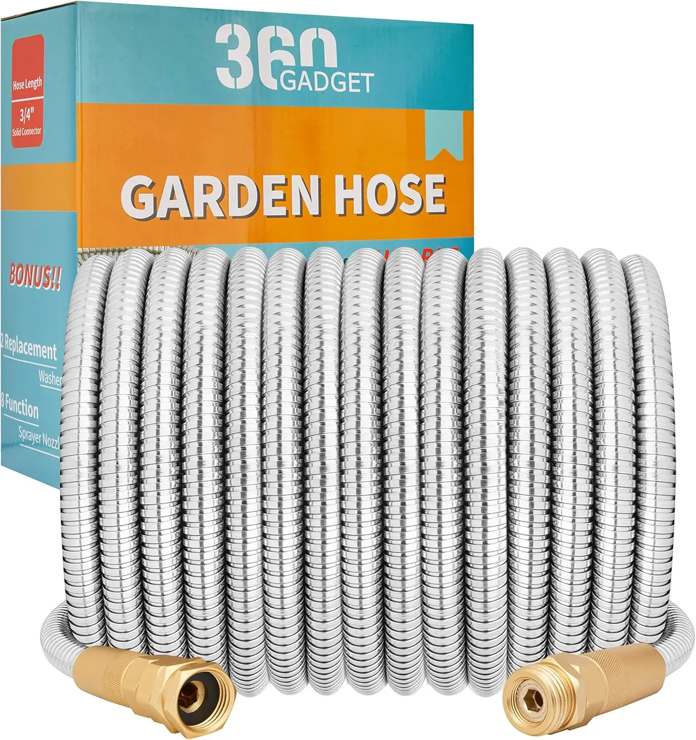 50ft Heavy Duty Stainless Steel Garden Hose - No Kink, Puncture Proof with 8 Function Sprayer & Metal Fittings
50ft Heavy Duty Stainless Steel Garden Hose - No Kink, Puncture Proof with 8 Function Sprayer & Metal Fittings